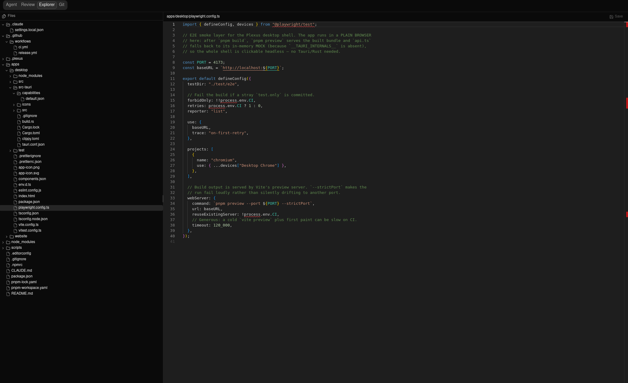 The Explorer tab: the worktree file tree on the left, the Monaco editor with an open file on the right.