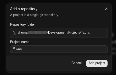The Add a repository dialog showing the repository folder and project name fields