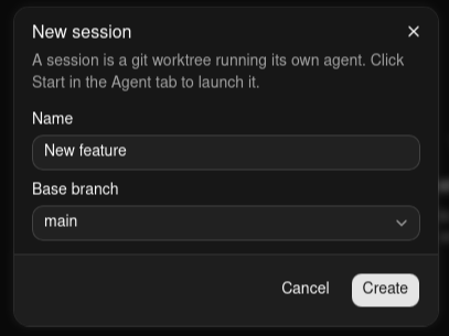 The New session dialog with a Name field and a Base branch dropdown