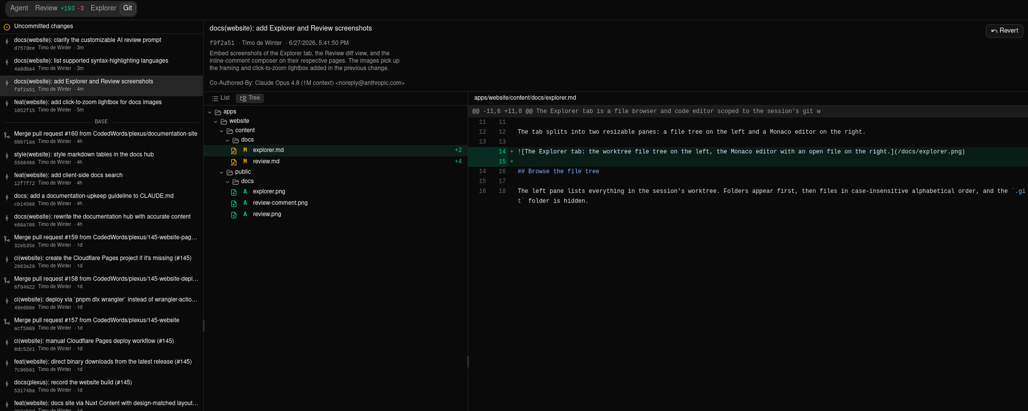 The Git tab: the commit log with the base divider on the left, and the selected commit's message, author, and file diff on the right.