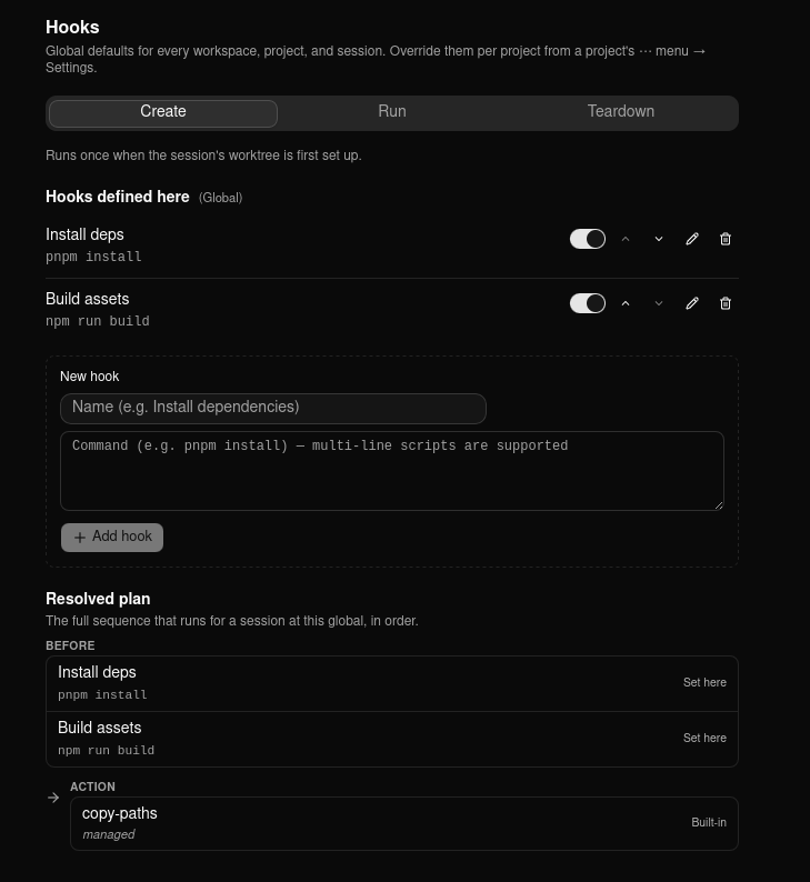 The Hooks settings panel: the Create / Run / Teardown event tabs, the global Hooks defined here list with reorder, toggle, edit, and delete controls, the New hook form, and the live Resolved plan preview showing the Before and Action phases.