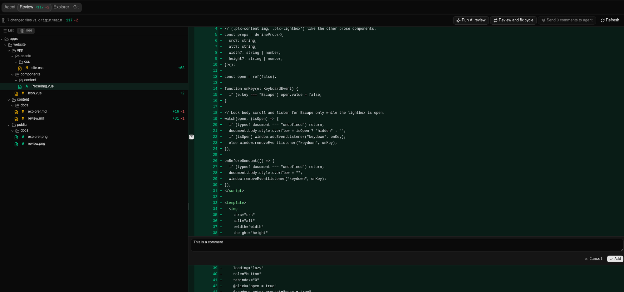 The inline comment composer open on a diff line, with a note typed and the Cancel and Add buttons below.