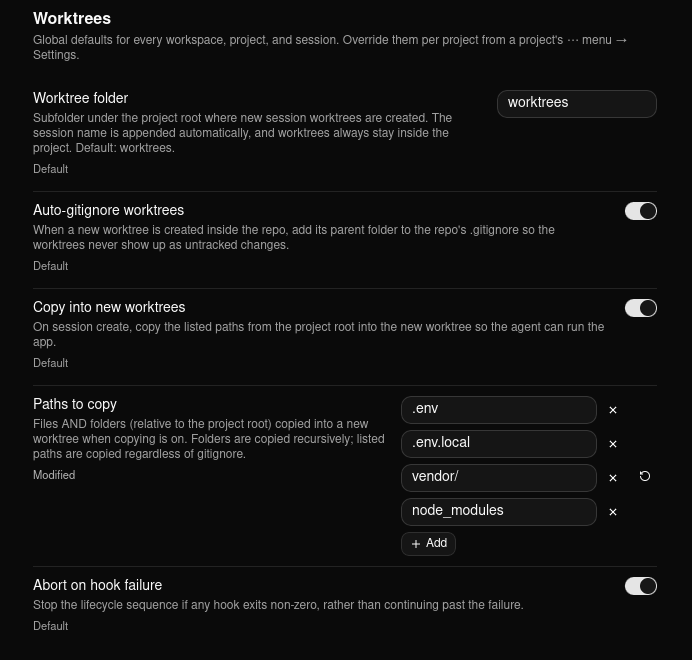 The Worktrees settings panel: the worktree folder field, the auto-gitignore and copy-into-new-worktrees toggles, and the paths-to-copy list with .env, .env.local, vendor/, and node_modules entries plus add and remove controls.